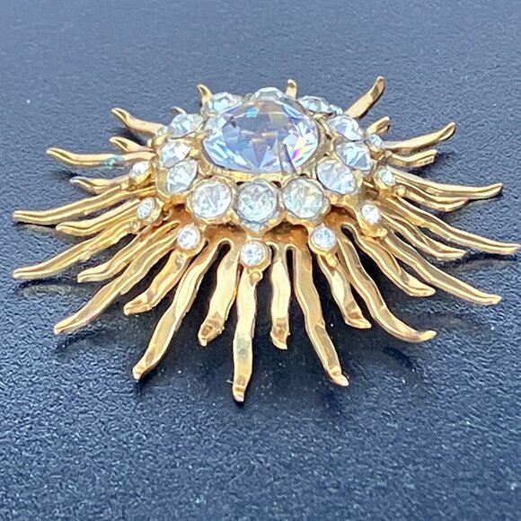 Gold Tone Clear Rhinestone Sunburst Brooch Jewelry - Picture 8 of 11